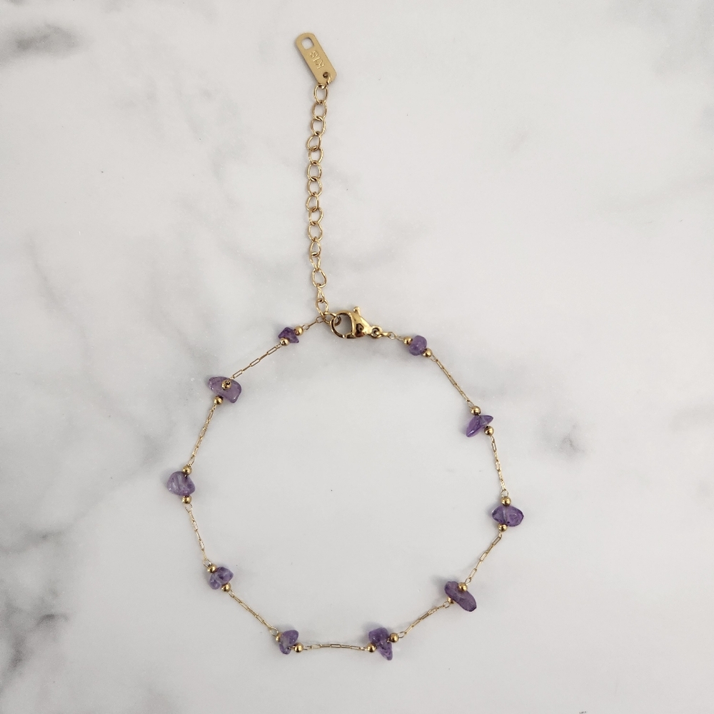 Minimalist Purple Dainty Stones 18K Gold Plated Anklet - Picture 11 of 15